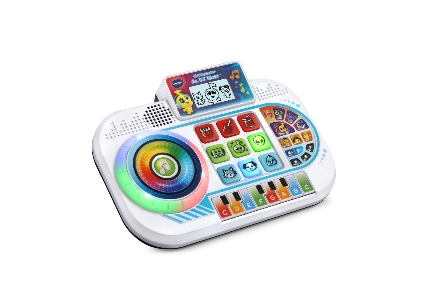 VTech Kidi Superstar Jr. DJ Mixer with light-up rainbow turntable, colorful button pads, keyboard keys, and small screen display on white base