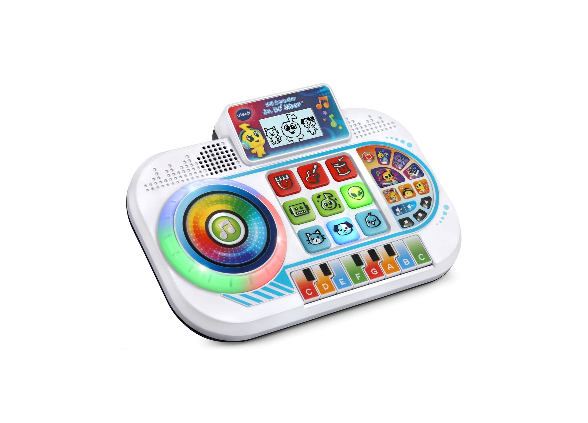 VTech Kidi Superstar Jr. DJ Mixer with light-up rainbow turntable, colorful button pads, keyboard keys, and small screen display on white base