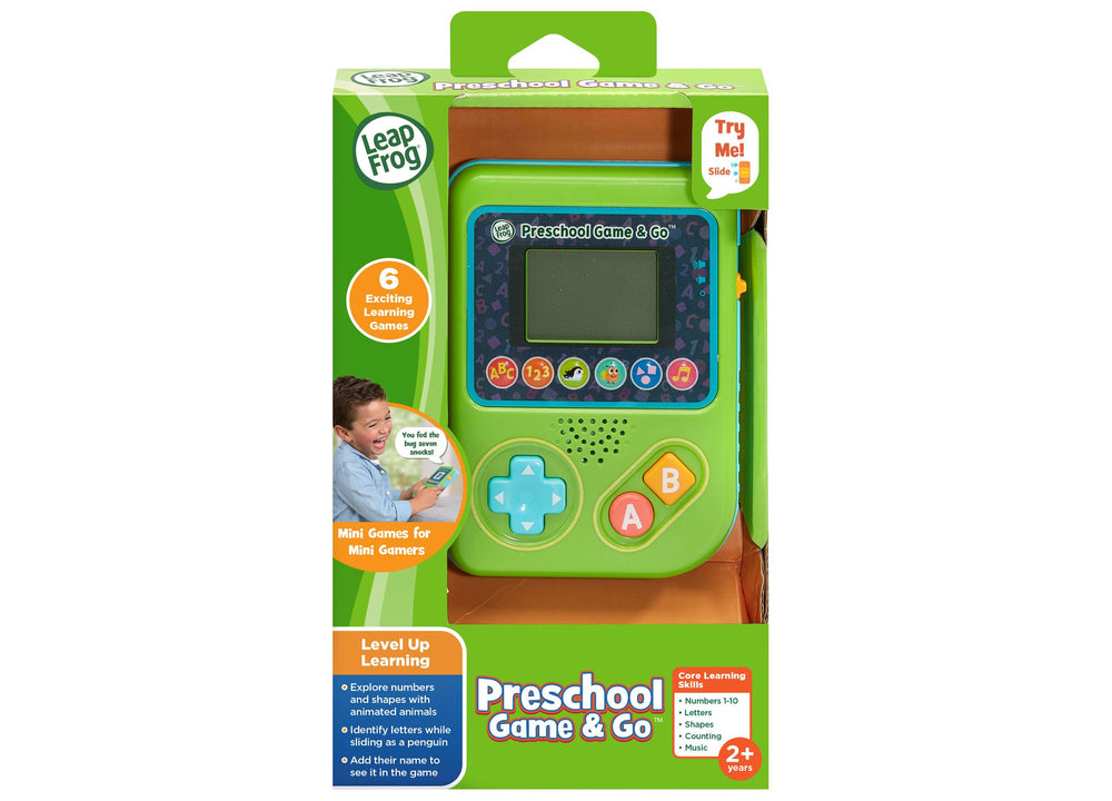 LeapFrog Preschool Game & Go handheld learning device in bright green with blue trim, featuring a screen, directional pad, and ABC/123 buttons, shown in packagi