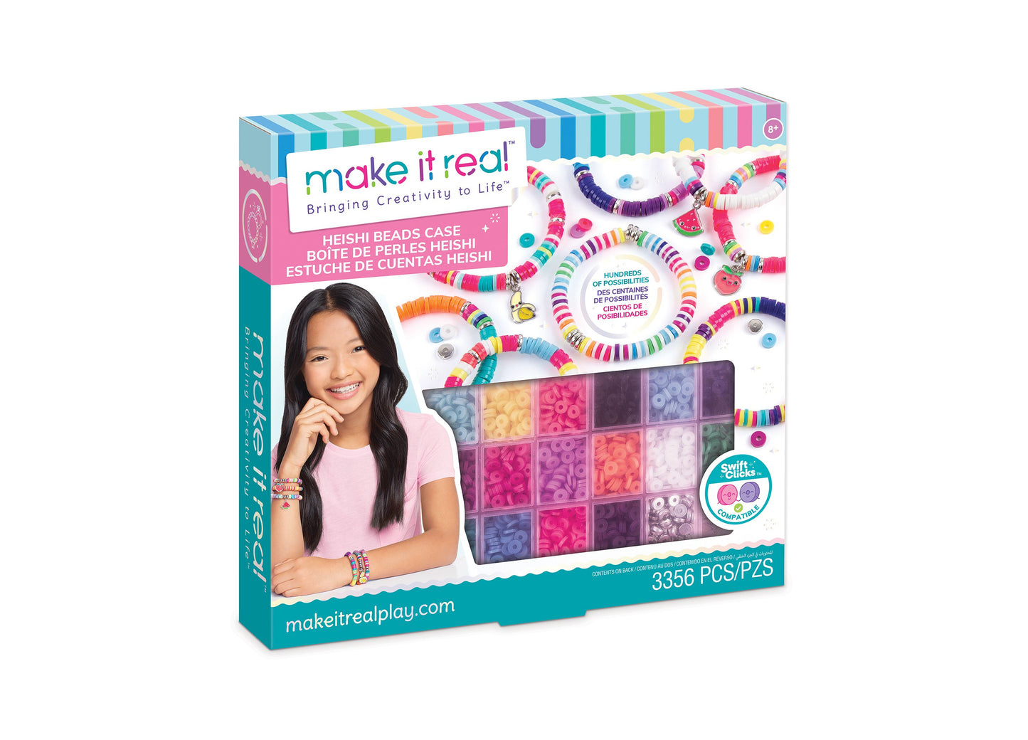 Make It Real Heishi Beads Case with colorful beaded bracelets, storage organizer with 3356 beads, modeled by a child wearing pink shirt