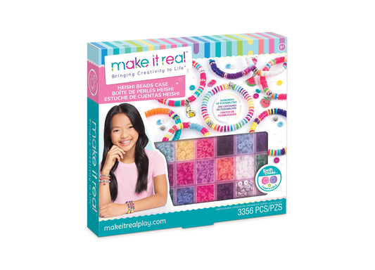 Make It Real Heishi Beads Case with colorful beaded bracelets, storage organizer with 3356 beads, modeled by a child wearing pink shirt