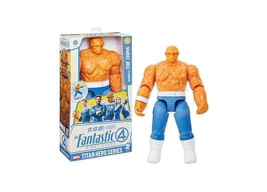 The Thing action figure from Marvel Fantastic 4 First Steps Titan Hero Series, orange rocky textured body with blue pants and white boots, shown next to retail