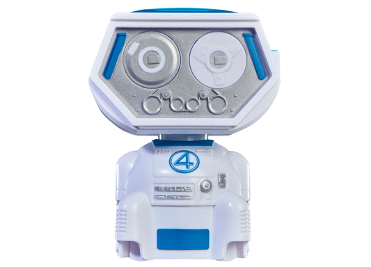 White and blue robotic action figure with hexagonal head panel featuring two circular dials and control buttons, marked with number 4 logo on chest