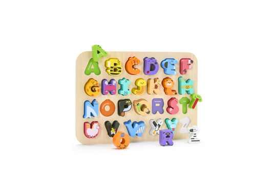 Wooden alphabet puzzle with 26 colorful animal-shaped letter pieces on natural wood board, pieces arranged and displayed separately