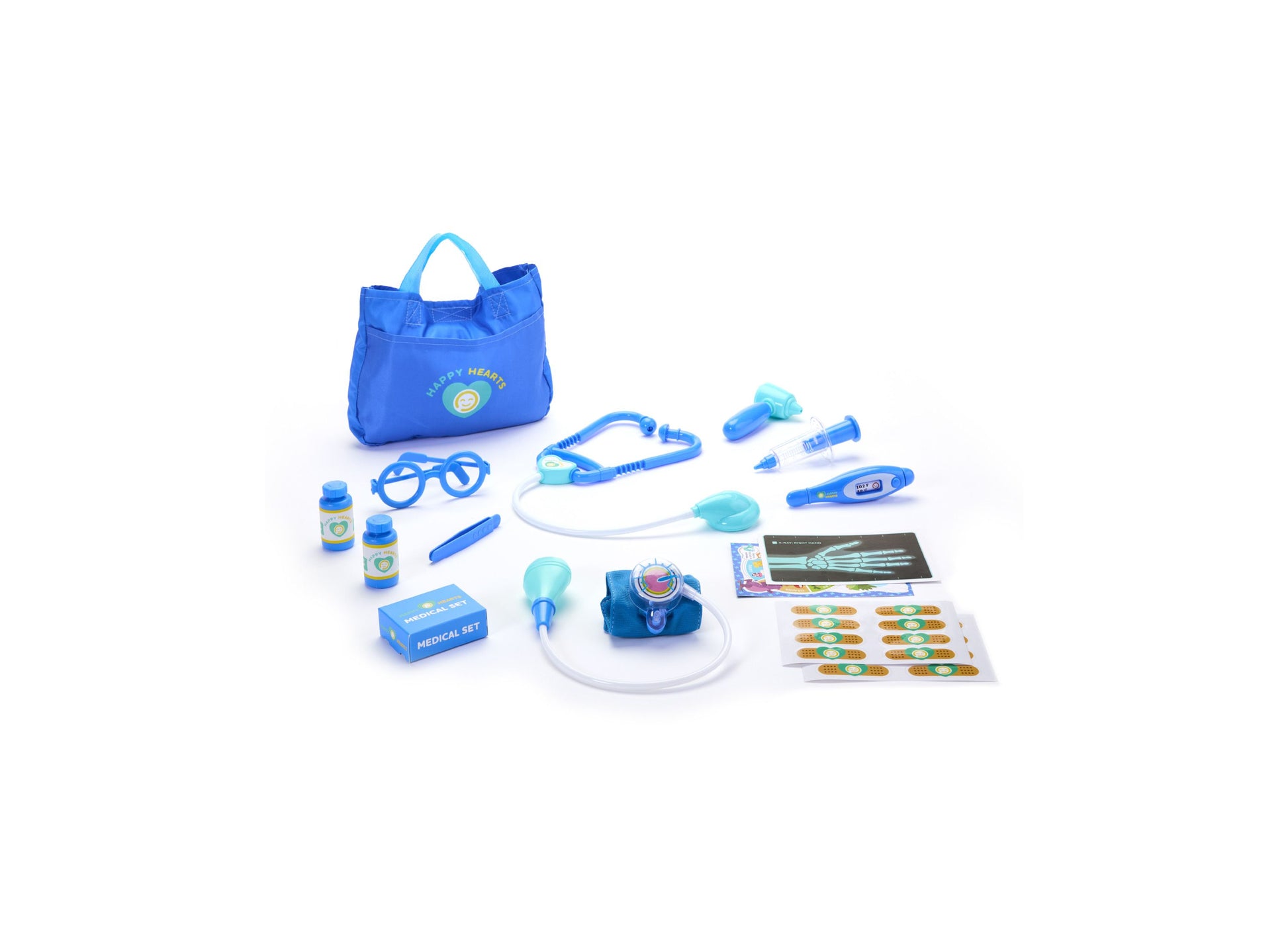 Blue doctor playset with carrying bag labeled Happy Hearts, including stethoscope, glasses, syringe, thermometer, otoscope, medical kit box, instruction cards,