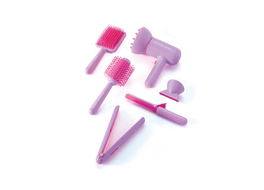 Journey Girls 7-piece glam studio hair styling set with purple and pink accessories including brushes, hair dryer, straightener, and clips on white background