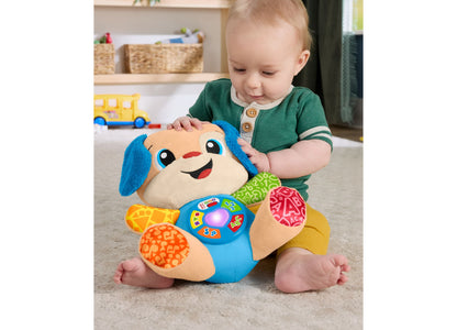 Fisher-Price Laugh and Learn Smart Stages Puppy plush toy with blue ears, tan face, and colorful patterned paws being...