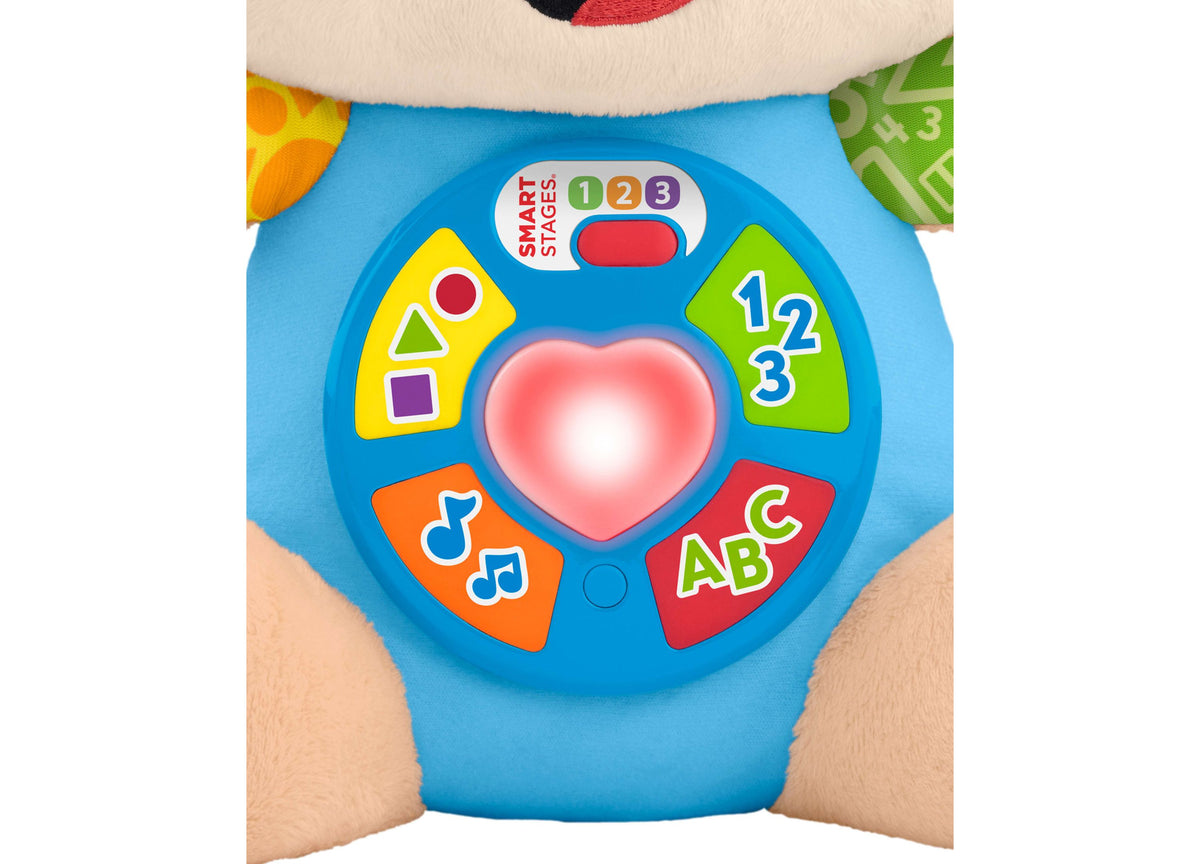 Fisher-Price Laugh and Learn Smart Stages Puppy plush toy with blue belly panel featuring interactive touch points fo...