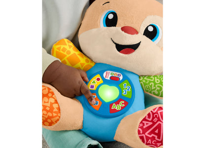 Fisher-Price Laugh and Learn Smart Stages Puppy plush toy with blue interactive learning pad, featuring ABC and 123 b...