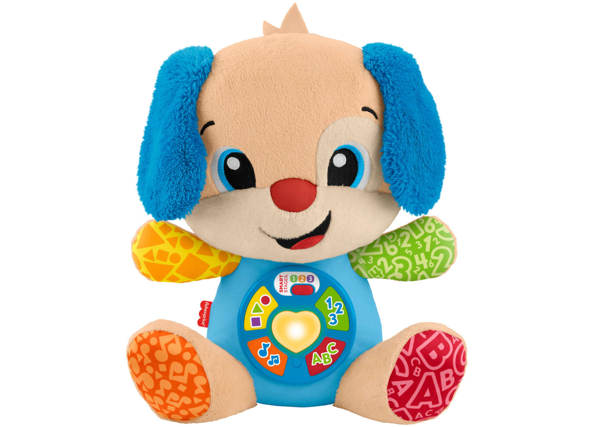 Fisher-Price Laugh and Learn Smart Stages Puppy plush toy with blue ears, tan head, colorful patterned feet, and inte...