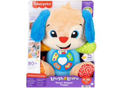 Fisher-Price Laugh and Learn Smart Stages Puppy plush toy with blue ears, cream and tan body, red nose, and blue inte...