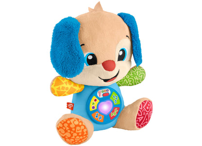 Fisher-Price Laugh and Learn Smart Stages Puppy plush toy with blue ears, tan face, red nose, blue shirt with interac...