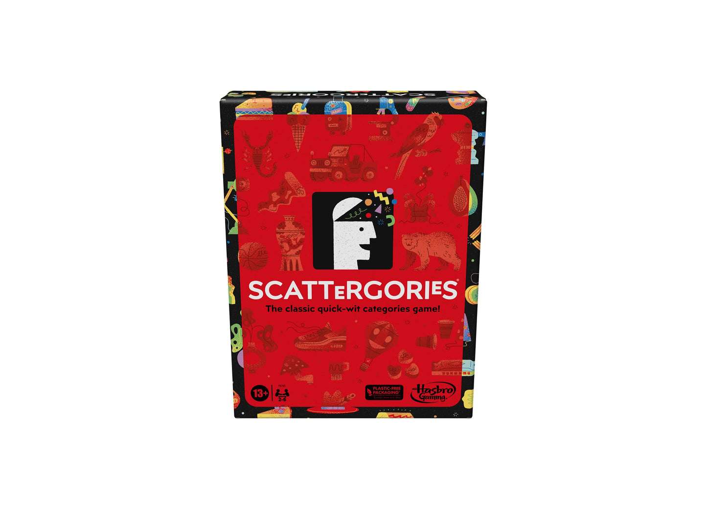Scattergories Classic board game box with red background featuring the game logo and tagline 'The classic quick-wit categories game'