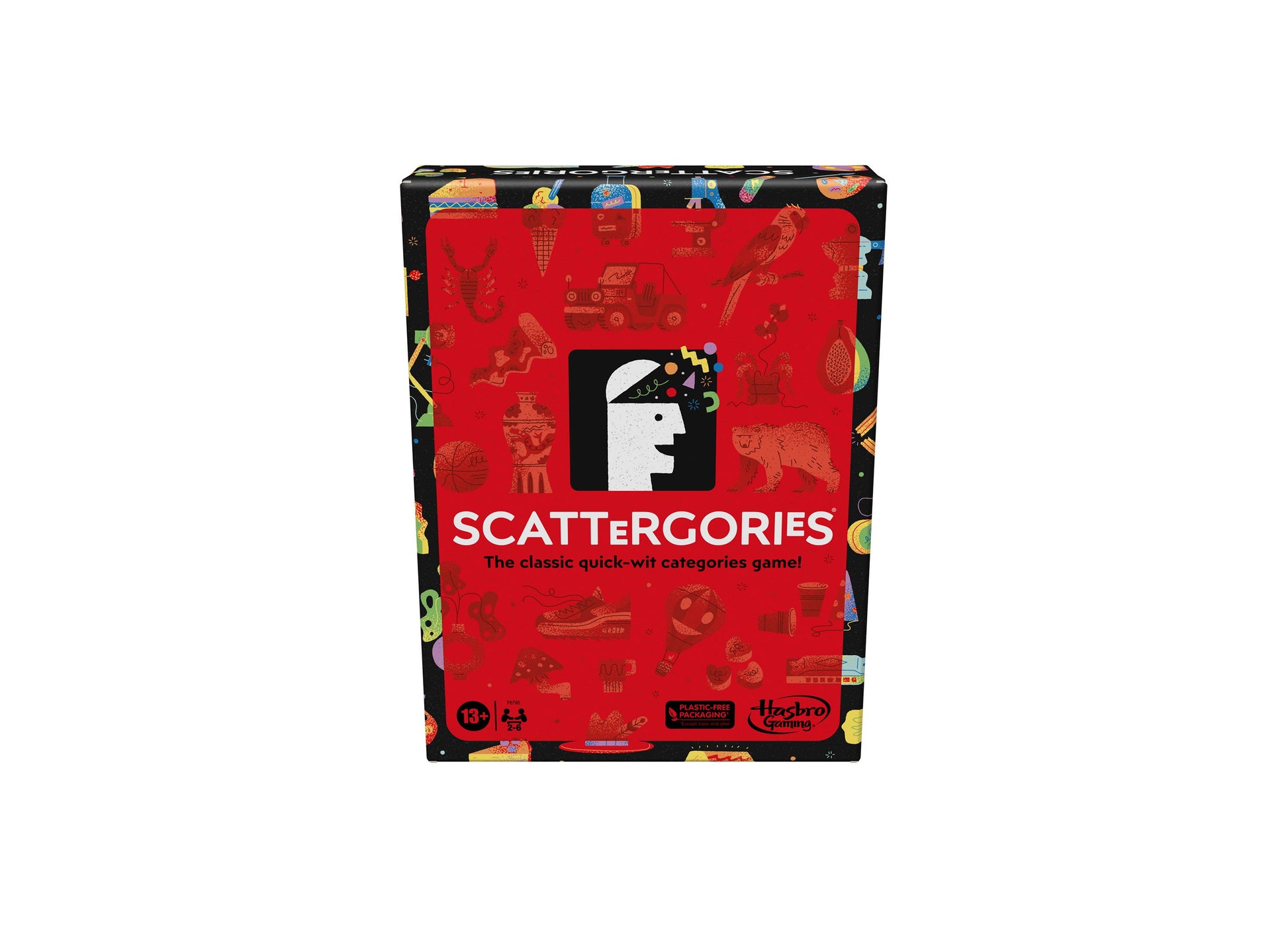 Scattergories Classic board game box with red background featuring the game logo and tagline 'The classic quick-wit categories game'