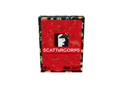 Scattergories Classic board game box with red background featuring the game logo and tagline 'The classic quick-wit categories game'