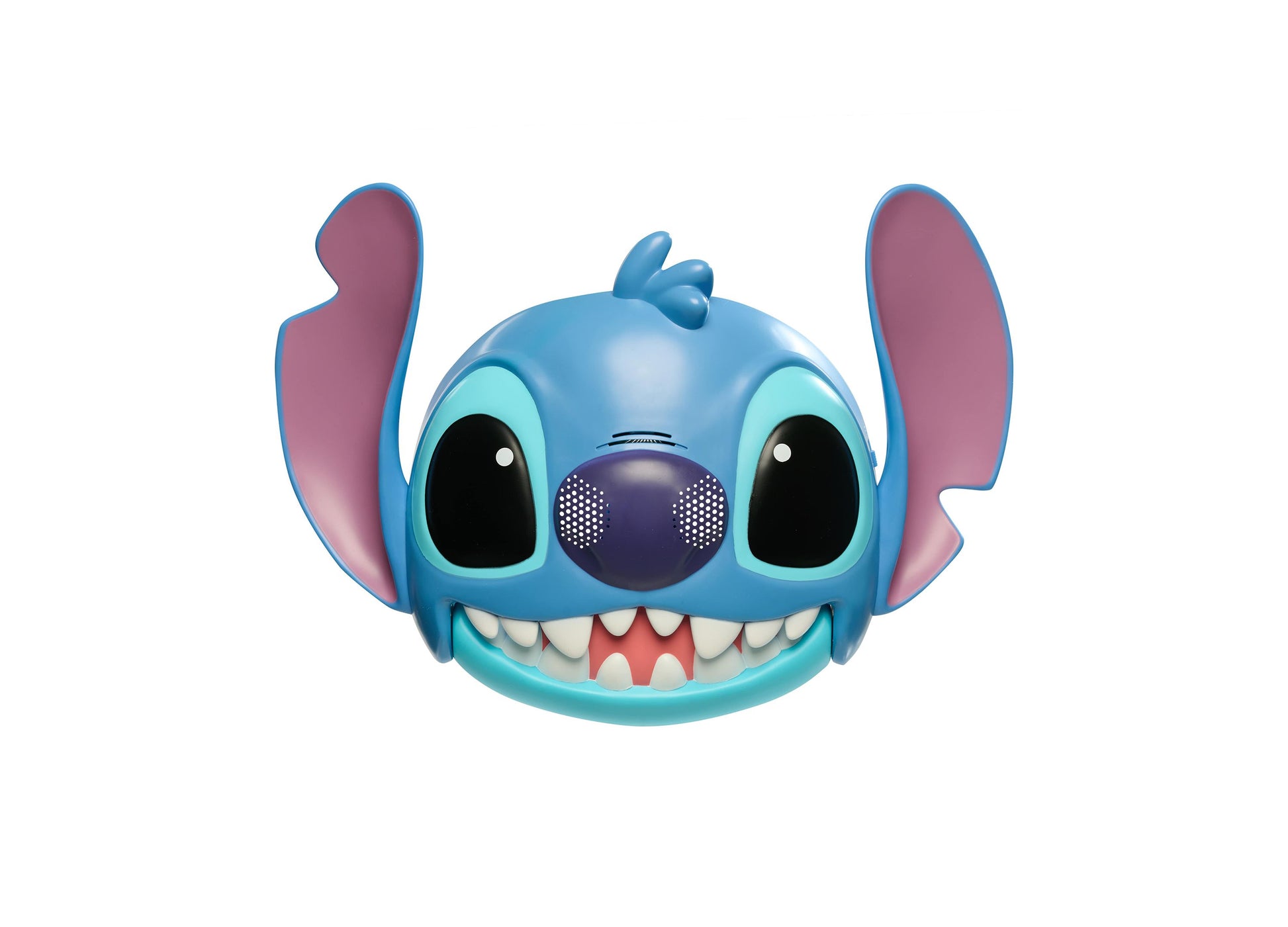 Blue Stitch character interactive talking mask with large ears, big eyes, and grinning teeth on plain white background