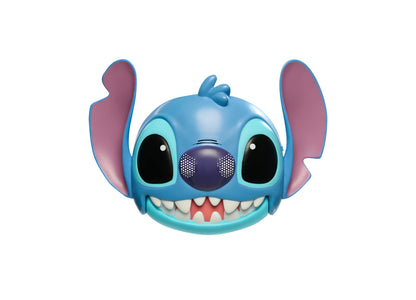 Blue Stitch character interactive talking mask with large ears, big eyes, and grinning teeth on plain white background