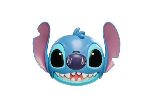 Blue Stitch character interactive talking mask with large ears, big eyes, and grinning teeth on plain white background