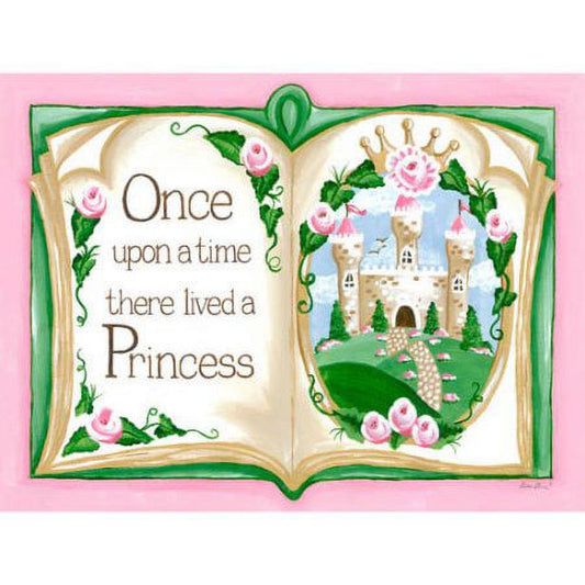 Open storybook with green border on pink background, left page reads "Once upon a time there lived a Princess", right page shows illustrated castle with pink ro