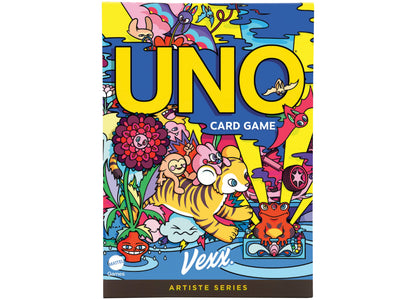 UNO Card Game Artiste Series Vexx Edition box with colorful illustrated characters and bold yellow UNO lettering