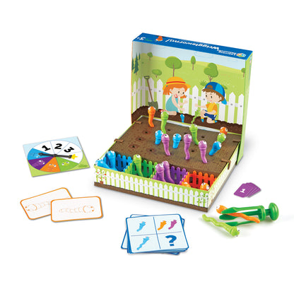 Wriggleworms Fine Motor Skills Activity Set with garden-themed game board, colorful worm pieces, spinner, card game, and tweezers tool