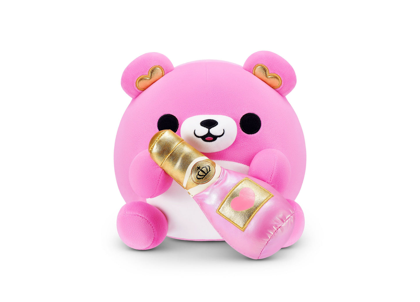 Pink plush bear with white face, black eyes, gold-trimmed ears, holding gold champagne bottle and heart-decorated gift box
