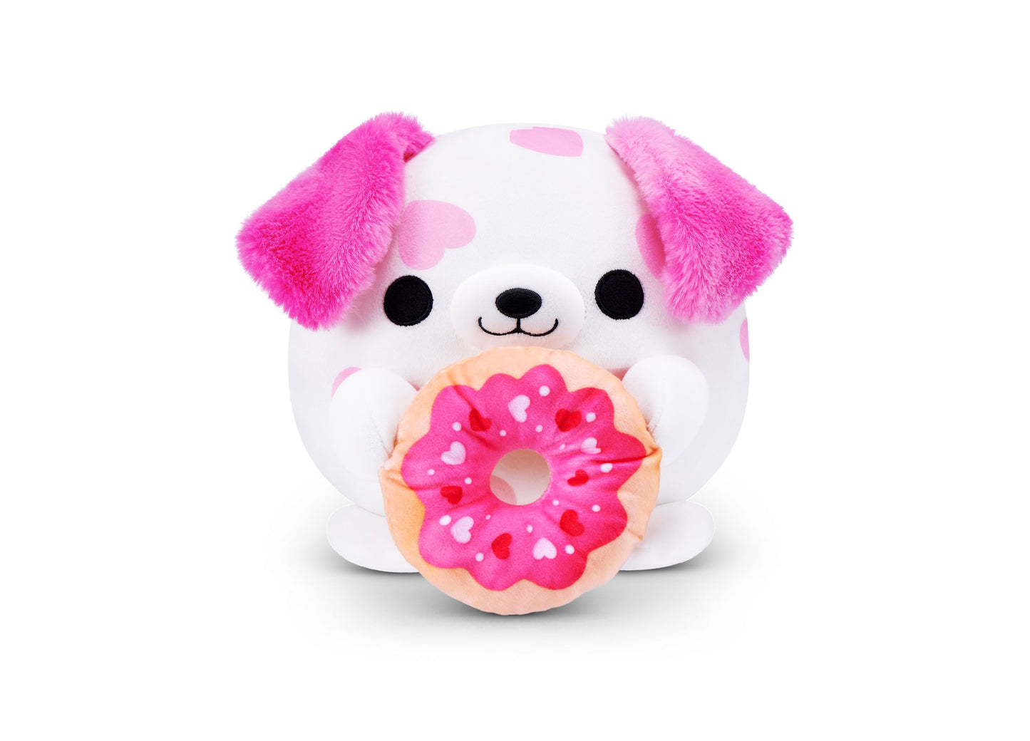 White plush dog with bright pink fuzzy ears, black eyes and smile, holding a pink heart-patterned donut toy with peach-colored frosting