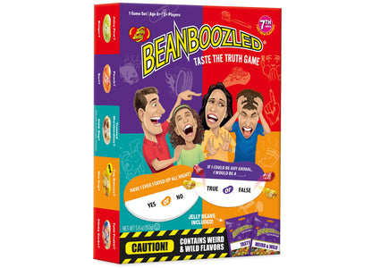 BeanBoozled Taste the Truth 7th Edition game box showing four players with exaggerated expressions, game spinners, jelly beans, and caution label for weird and