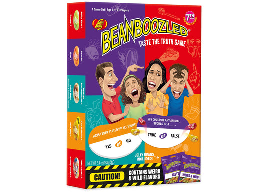 BeanBoozled Taste the Truth 7th Edition game box showing four players with exaggerated expressions, game spinners, jelly beans, and caution label for weird and