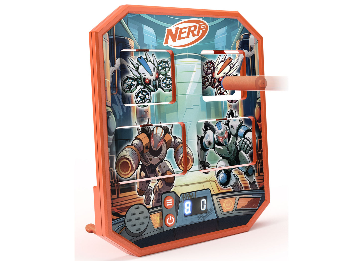 Nerf Bot Arena Clash handheld electronic game with orange frame, featuring robot characters in combat scenes displayed across shelves and digital scoreboard