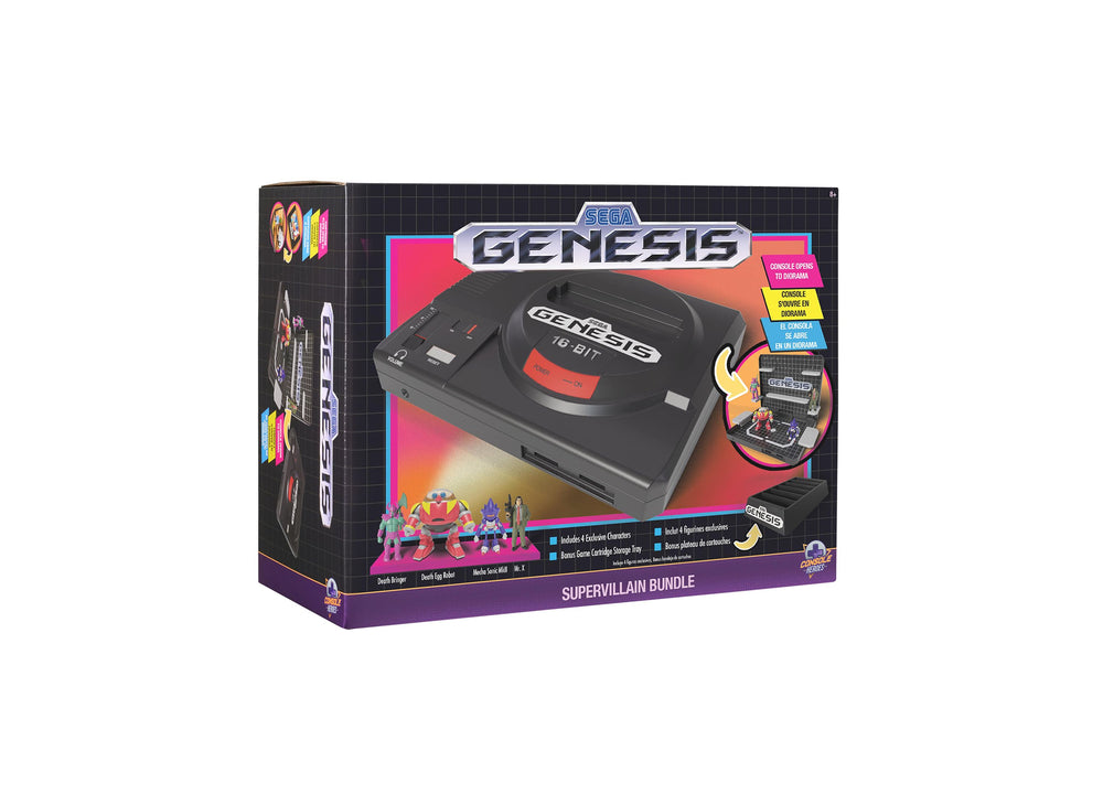 SEGA Genesis 16-Bit console with red controller in branded packaging labeled Supervillain Bundle, includes 6 exclusive character figures and bonus game cartridg