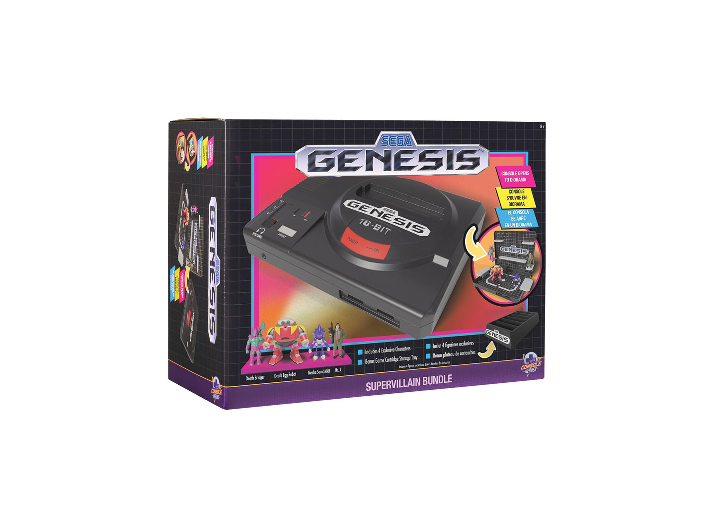 SEGA Genesis 16-Bit console with red controller in branded packaging labeled Supervillain Bundle, includes 6 exclusive character figures and bonus game cartridg