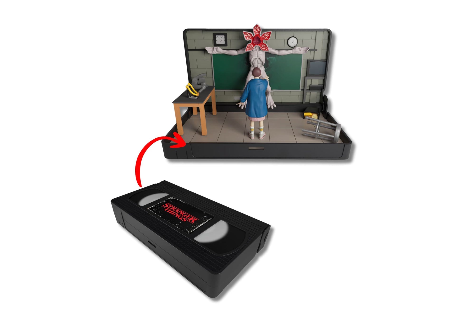 Wilder Toys Console Heroes Transforming VHS Stranger Things playset showing classroom scene with figure and VHS case below