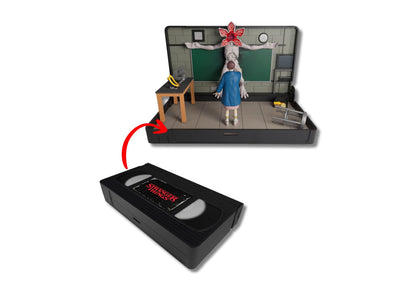 Wilder Toys Console Heroes Transforming VHS Stranger Things playset showing classroom scene with figure and VHS case below