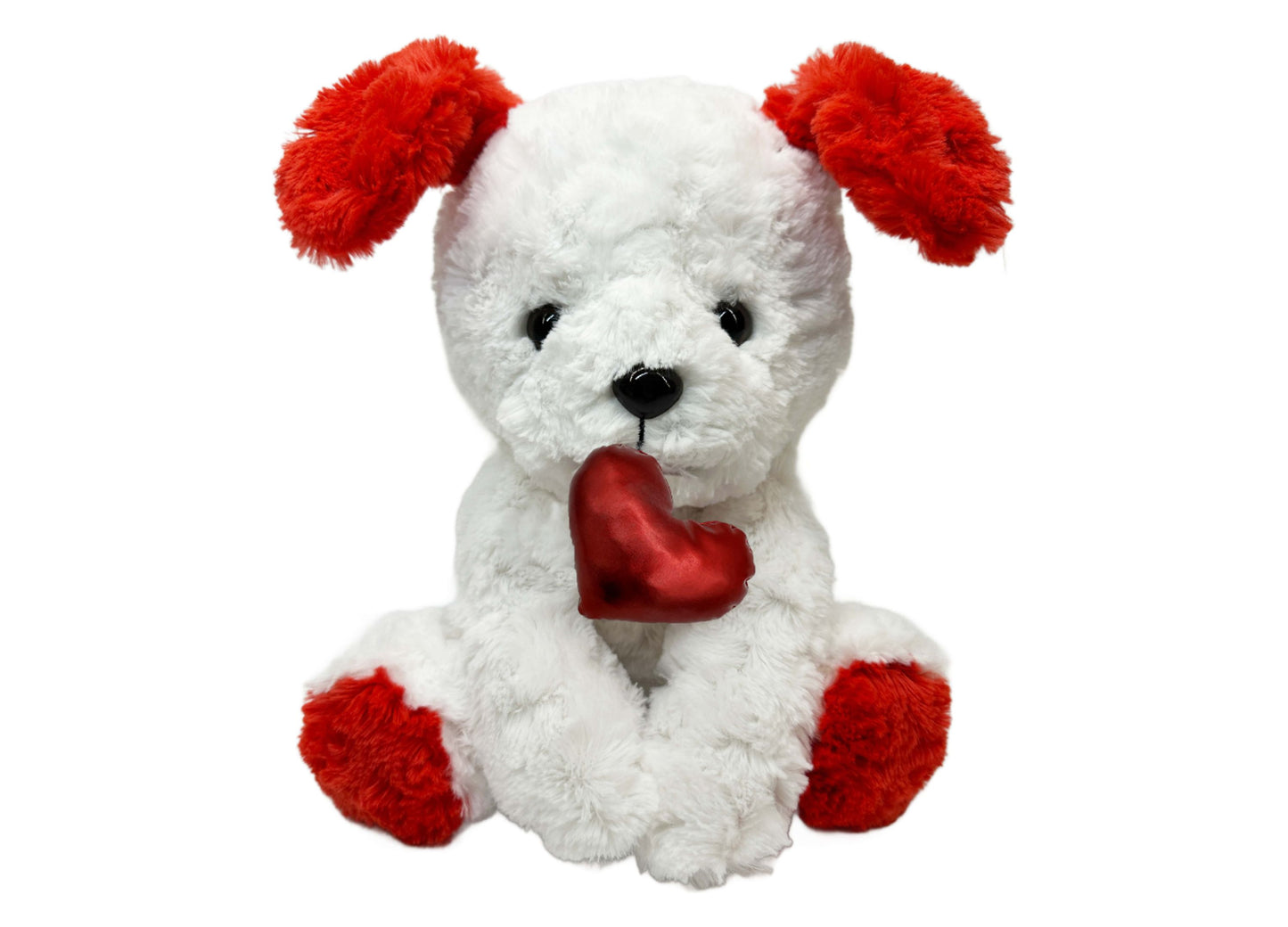 White plush puppy with red fluffy ears, paws, and chest holding a red heart