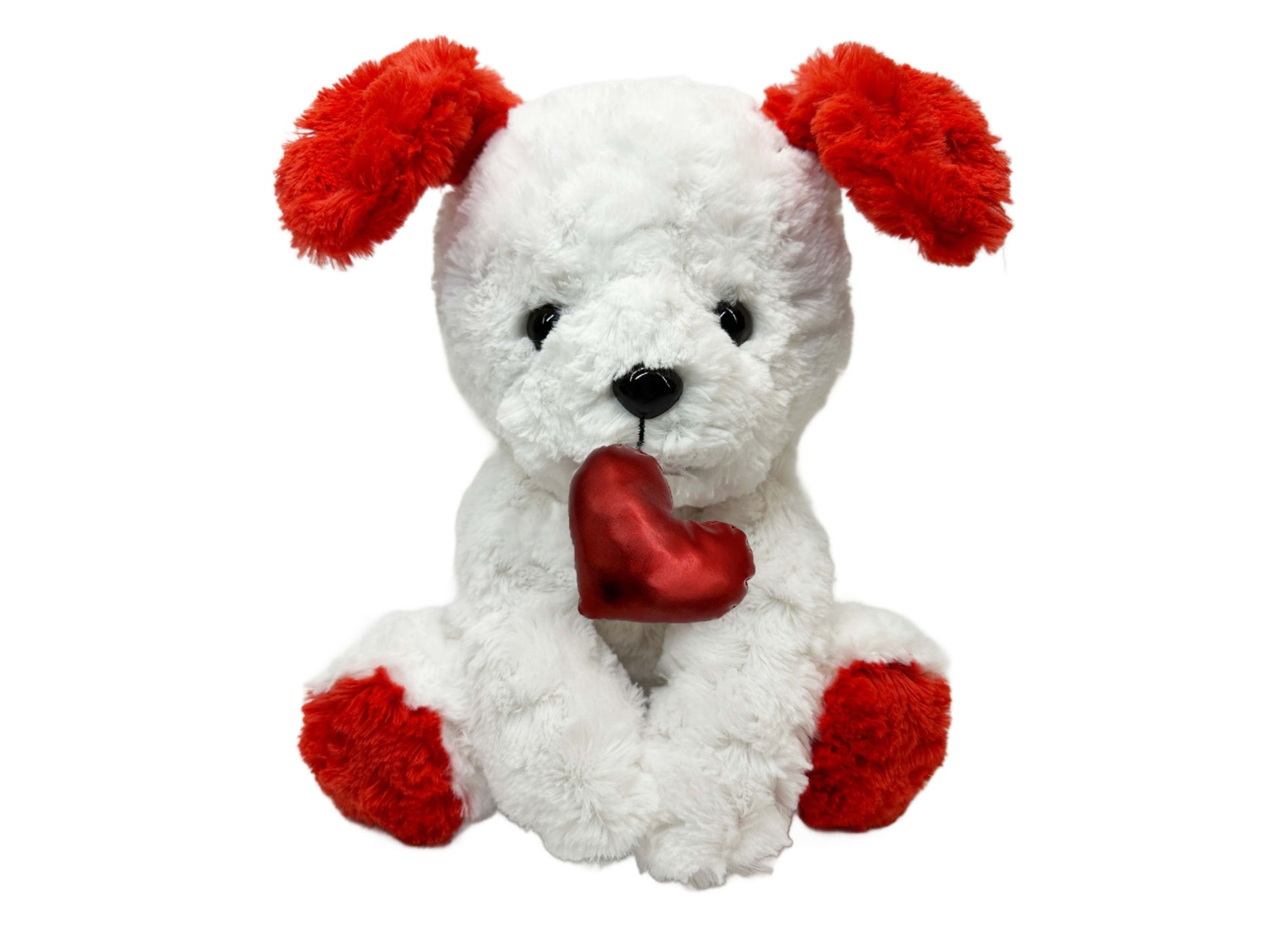 White plush puppy with red fluffy ears, paws, and chest holding a red heart