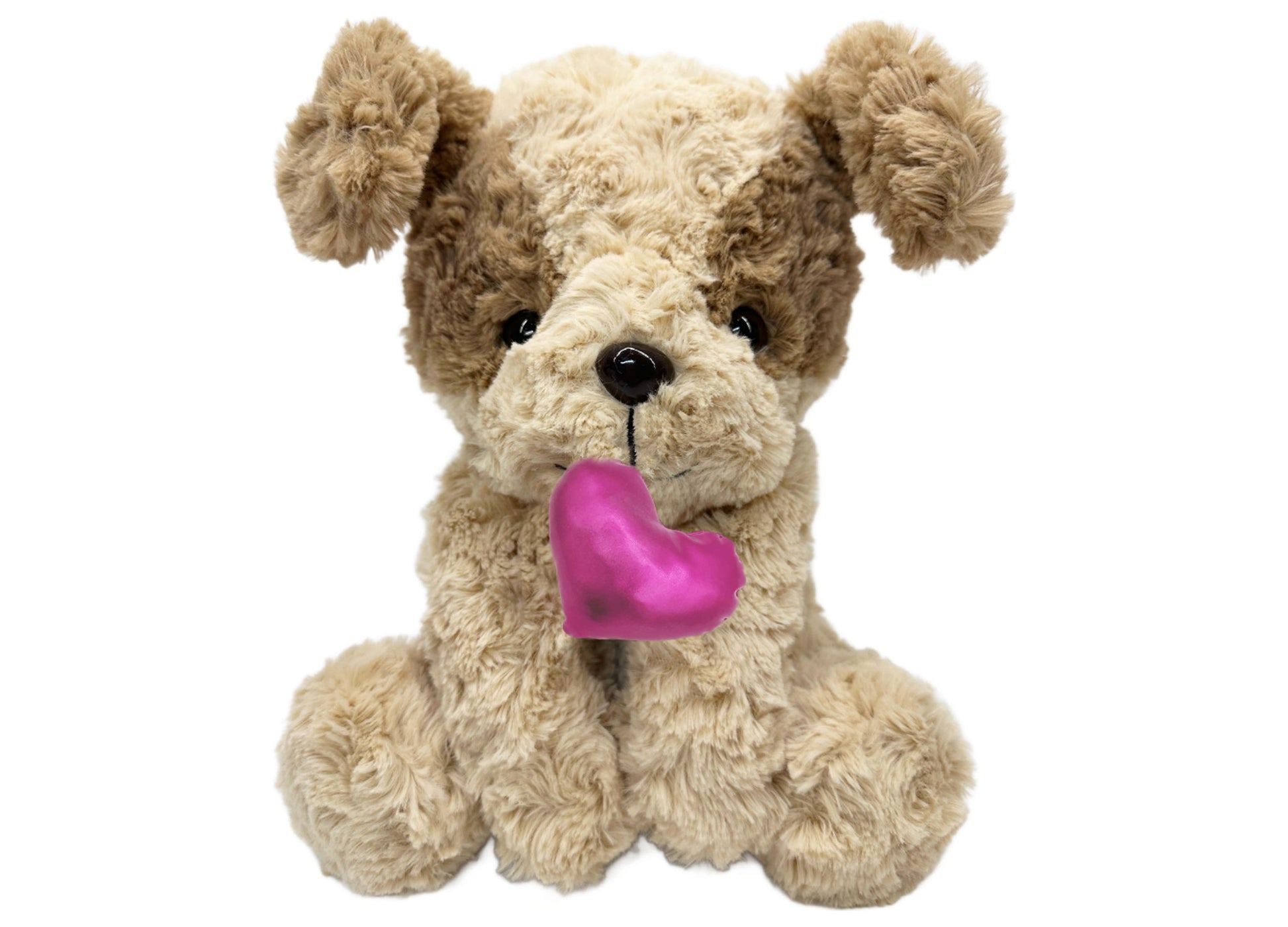 Cream and tan plush puppy with floppy ears holding a bright pink heart toy in its mouth
