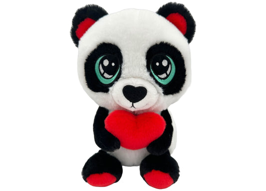 Black and white plush panda with green eyes, red heart-shaped nose, red inner ears, and red paw pads, holding a red heart