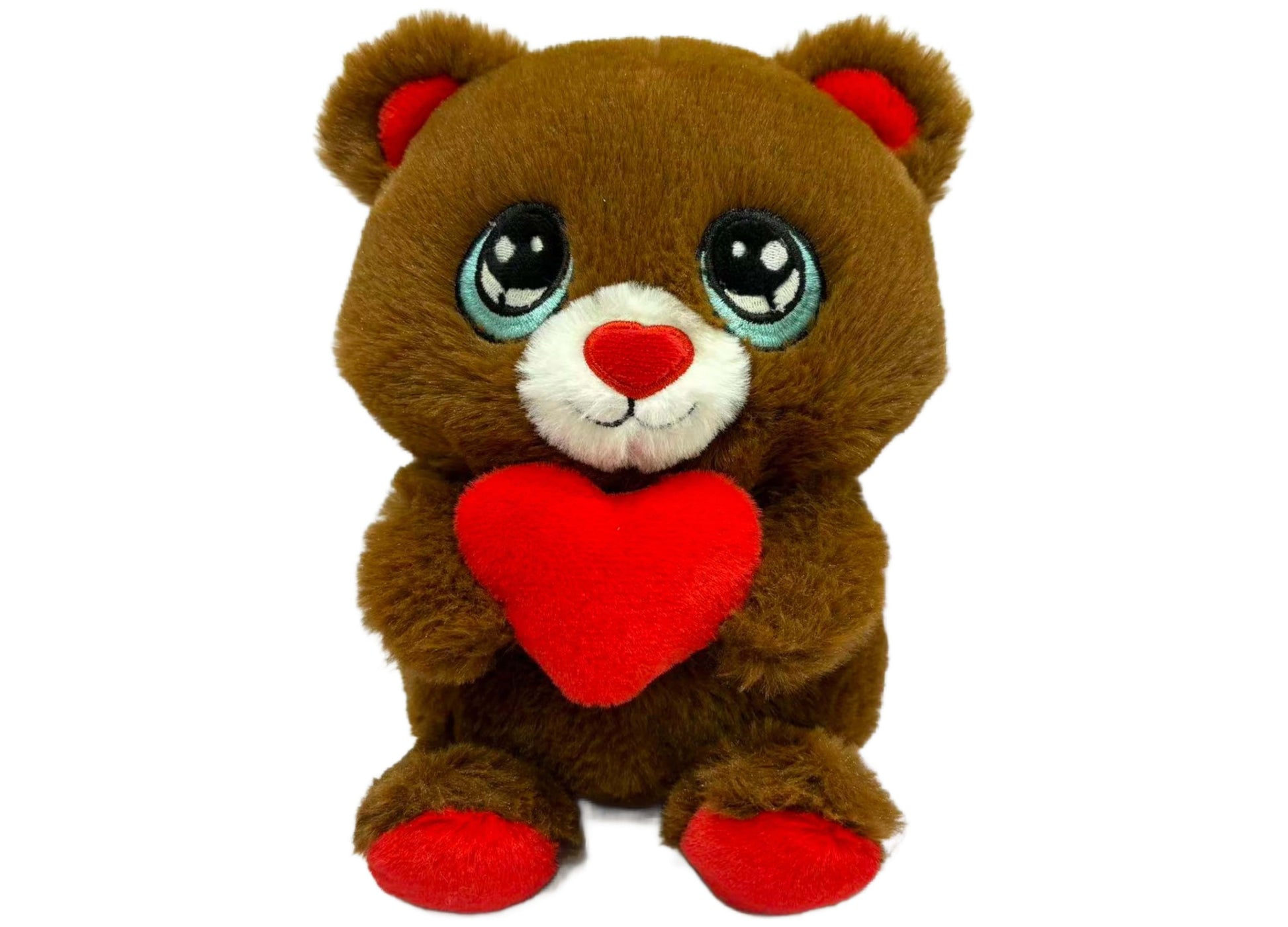 Brown plush bear with large blue eyes, red heart-shaped nose, white muzzle, red inner ears, and red paws holding a red heart on its chest