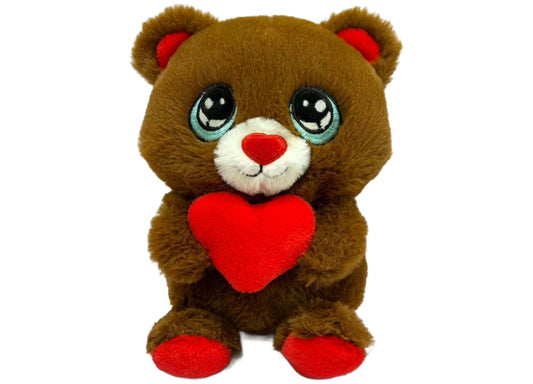 Brown plush bear with large blue eyes, red heart-shaped nose, white muzzle, red inner ears, and red paws holding a red heart on its chest