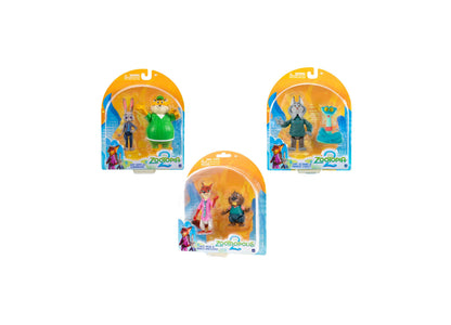 Three Zootopia 2-pack character figure sets in orange and blue packaging, each containing two articulated animal figurines from the film