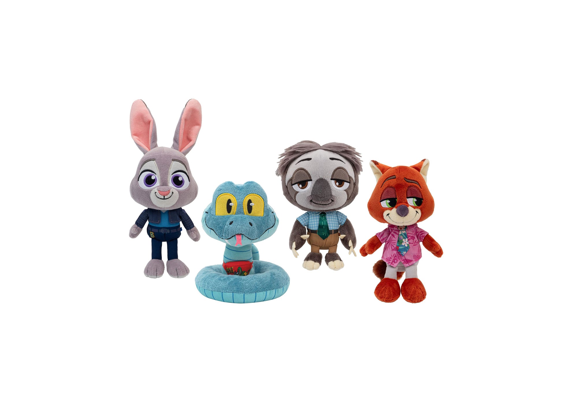 Four plush toys from Zootopia on plain background: gray rabbit with pink ears in blue outfit, blue frog with yellow eyes on lily pad, gray sloth in brown vest,