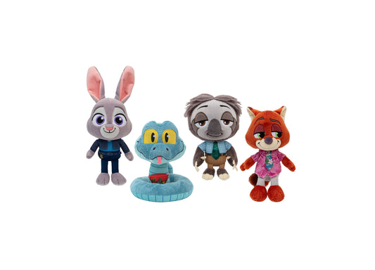 Four plush toys from Zootopia on plain background: gray rabbit with pink ears in blue outfit, blue frog with yellow eyes on lily pad, gray sloth in brown vest,