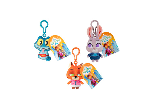 Three Zootopia clip-on plush toys: blue elephant officer, purple rabbit officer Judy Hopps, and orange fox character, each with attached packaging and metal cli