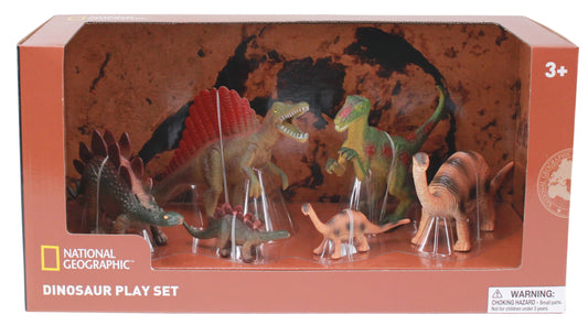 National Geographic Dinosaur Play Set with six dinosaur figurines including Stegosaurus, Spinosaurus, T-Rex, and long-necked sauropods on rocky terrain backdrop