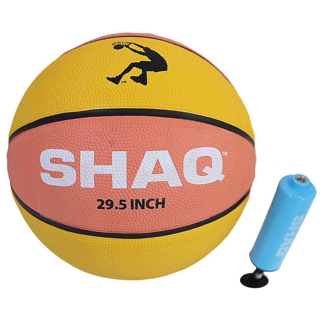 SHAQ Composite Basketball 29.5 inch with black silhouette logo, yellow and coral rubber construction, includes blue pump