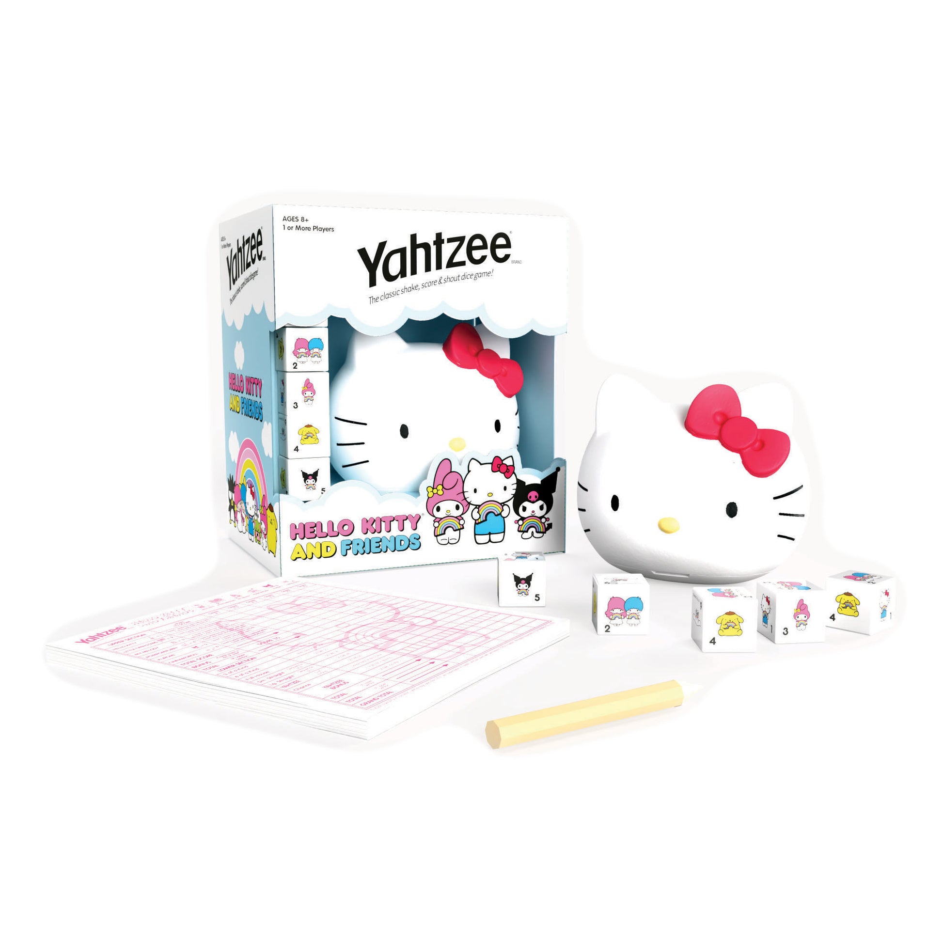 Hello Kitty and Friends Yahtzee dice game set with Hello Kitty-shaped game piece, dice, scorepads, and pencil