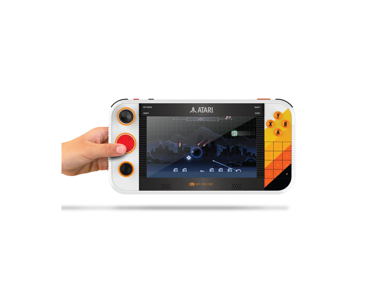 Atari Gamestation Go 7" portable console with orange and red controls, yellow button pad, and game display screen
