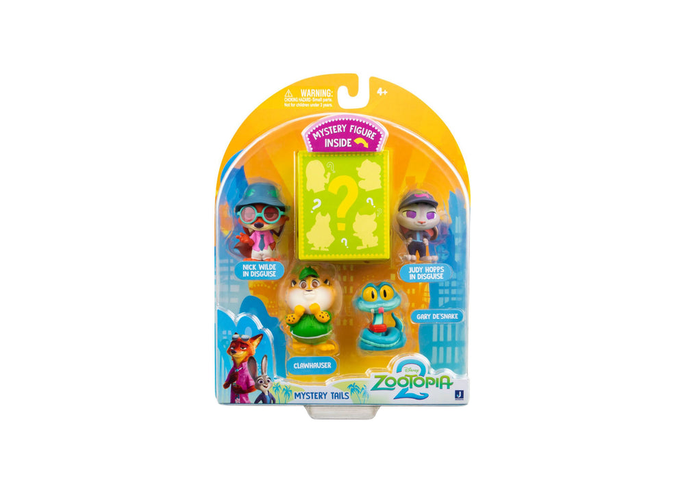 Zootopia 2 Mystery Tails 5-pack with Nick Wilde in Disguise, Judy Hopps in Disguise, Clawhausen, Gary de Snake, and a mystery figure inside, on yellow arch card