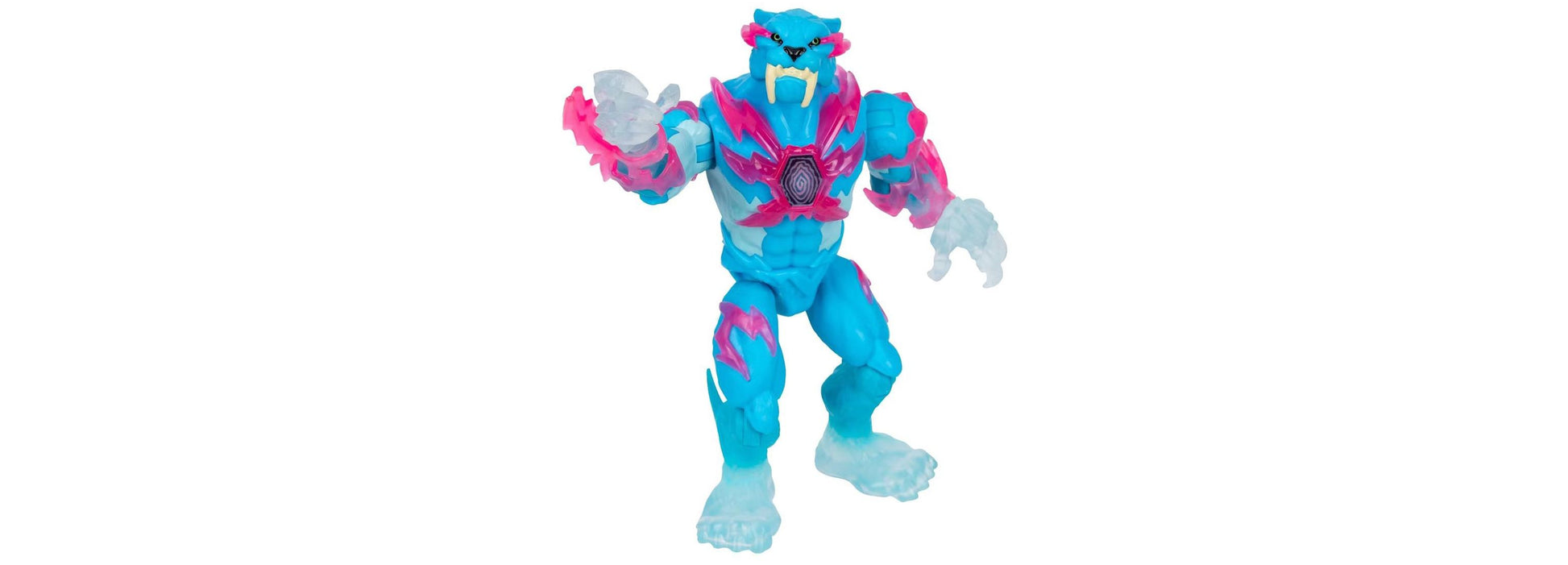 Mr Beast Hyper Fusion Lightning Panther action figure with turquoise and hot pink armor, fierce expression, and translucent accents on a plain background